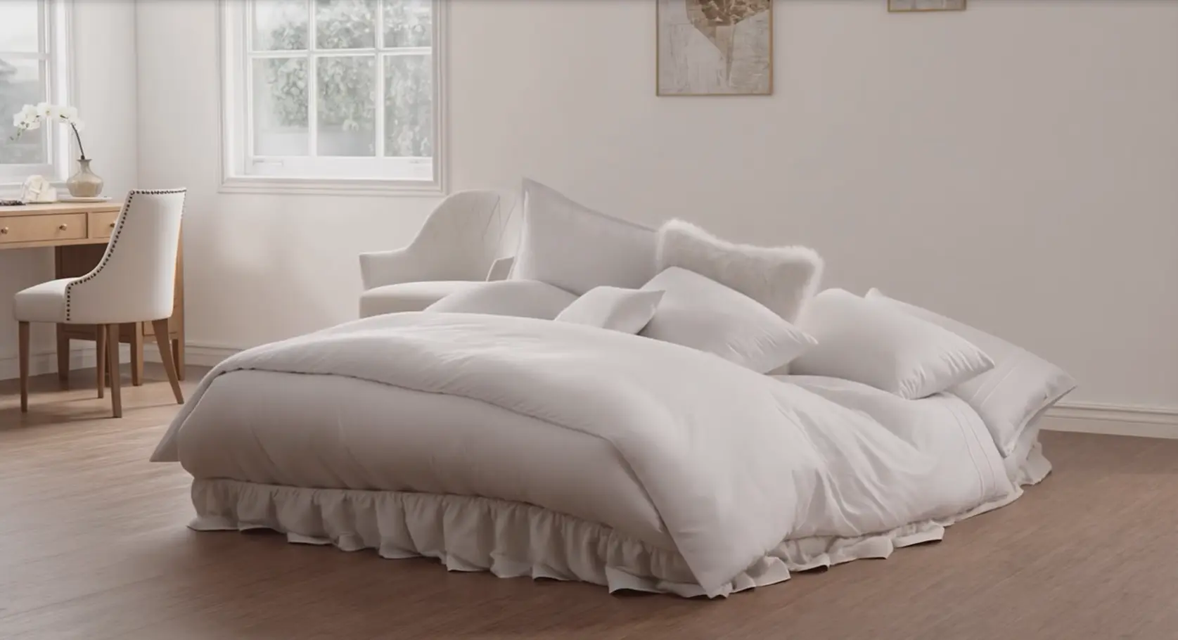 Bright staged bedroom with a fully made bed that visibly sags in the middle, like a deflated air mattress.