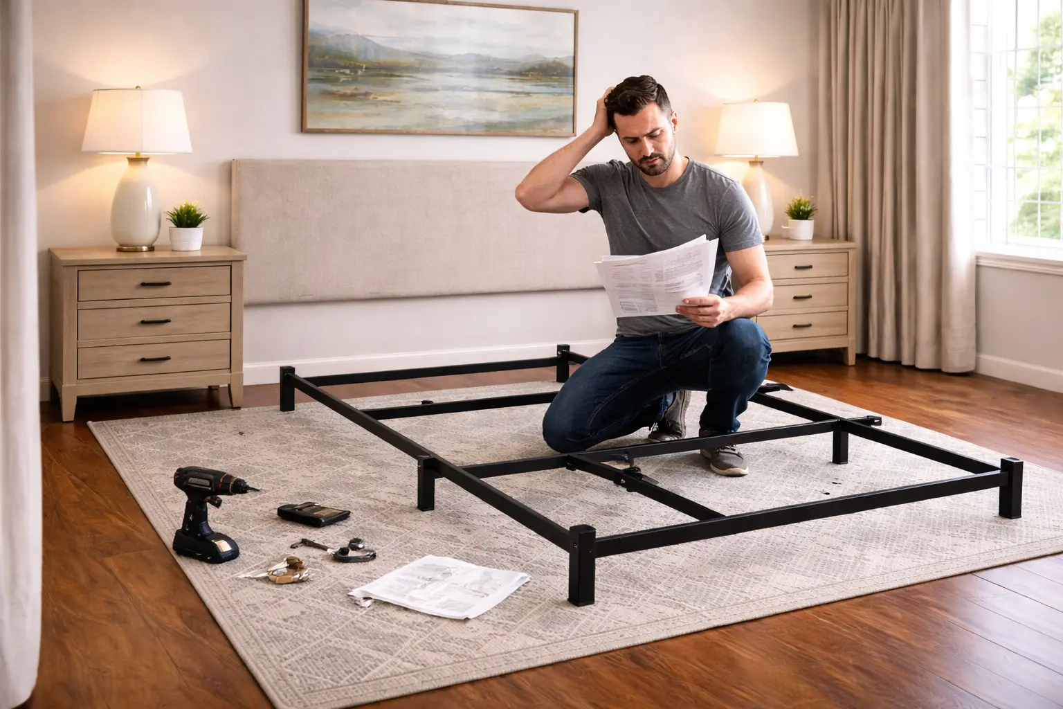 A person looking confused while assembling a metal bed frame with many parts and tools.